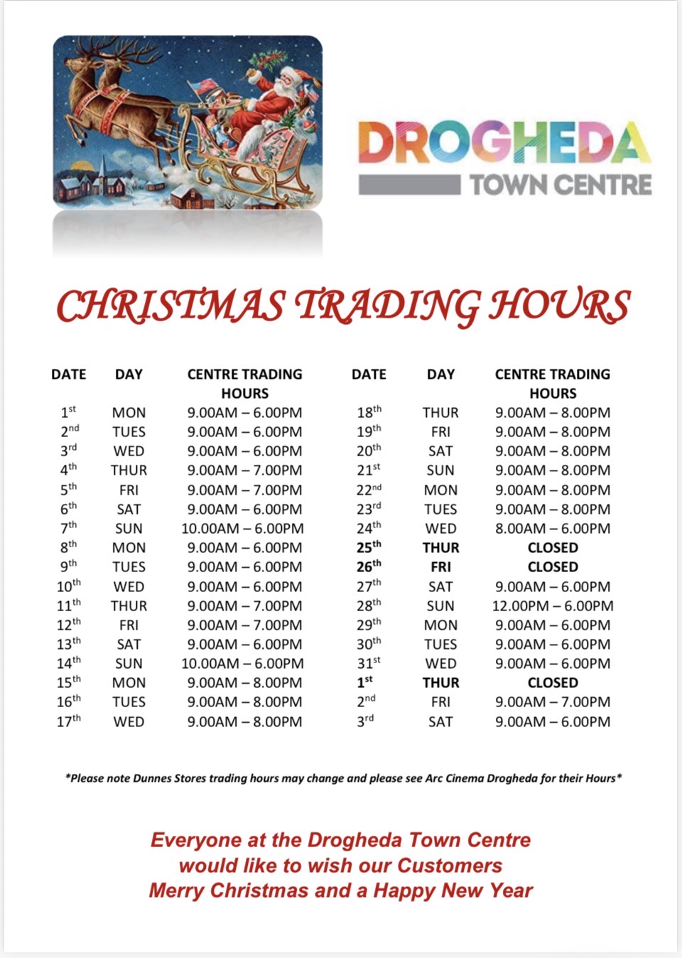 Christmas Trading Hours Drogheda Town Centre 2025